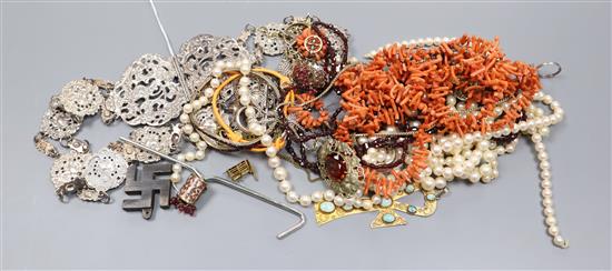 A silver belt and other jewellery including coral, cultured pearls and costume.